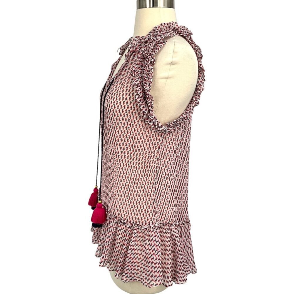 Figue Vera Tassel Top in Multi Red Ruffled Sheer Size S 100% Silk Sleeveless - Picture 4 of 9